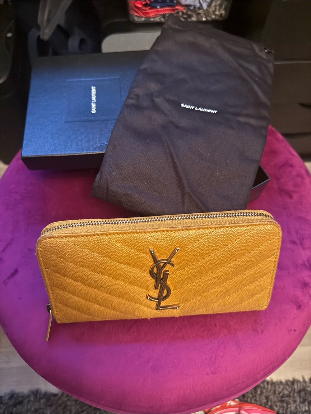 Saint Laurent Mustard Chevron Zip Wallet with Gold YSL